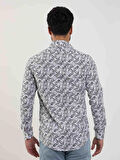 Dufy Lacivert Erkek Slim Fit Yaprak Desenli Brent Yaka Uzun Kol Gömlek - 81584
