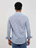 Dufy Mavi Erkek Slim Fit Kuş Desenli Brent Yaka Uzun Kol Gömlek - 81624