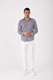 Dufy Lacivert Erkek Slim Fit Çizgili Brent Yaka Uzun Kol Gömlek - 84280