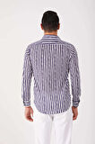 Dufy Lacivert Erkek Slim Fit Çizgili Brent Yaka Uzun Kol Gömlek - 84280