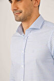 Dufy Açık Mavi Erkek Slim Fit Ekose Desenli Yarım İtalyan Yaka Uzun Kol Gömlek - 89999