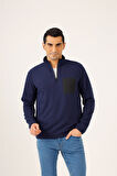 Dufy Lacivert Erkek Regular Fit Baskılı Fermuarlı Dik Yaka  Sweatshirt - 91849