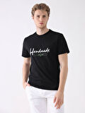 Dufy Siyah Erkek Regular Fit Baskılı Casual O Yaka Tshirt - 94356
