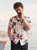 Dufy Kırmızı Erkek Regular Fit Çiçek Desenli Brent Alttan Düğmeli Yaka Kısa Kol Gömlek - 94920