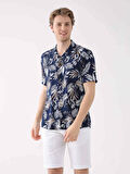 Dufy Lacivert Erkek Regular Fit Çiçek Desenli Brent Alttan Düğmeli Yaka Kısa Kol Gömlek - 94925