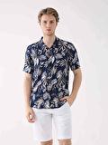 Dufy Lacivert Erkek Regular Fit Çiçek Desenli Brent Alttan Düğmeli Yaka Kısa Kol Gömlek - 94925