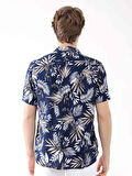 Dufy Lacivert Erkek Regular Fit Çiçek Desenli Brent Alttan Düğmeli Yaka Kısa Kol Gömlek - 94925