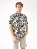 Dufy Haki Erkek Regular Fit Çiçek Desenli Düğmeli Yaka Kısa Kol Gömlek - 94930