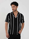 Dufy Siyah Erkek Regular Fit Çizgili Düğmeli Yaka Kısa Kol Gömlek - 94940