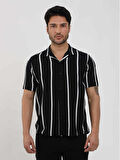 Dufy Siyah Erkek Regular Fit Çizgili Düğmeli Yaka Kısa Kol Gömlek - 94940