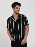 Dufy Siyah Erkek Regular Fit Çizgili Düğmeli Yaka Kısa Kol Gömlek - 94940