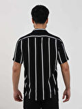 Dufy Siyah Erkek Regular Fit Çizgili Düğmeli Yaka Kısa Kol Gömlek - 94940