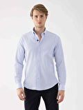 Dufy Açık Mavi Erkek Slim Fit Gofre Desenli Düğmeli Yaka Uzun Kol Gömlek - 95018