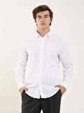 Dufy Beyaz Erkek Slim Fit Kareli Alttan Düğmeli Yaka Uzun Kol Gömlek - 97906
