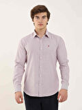 Dufy Bordo Erkek Slim Fit Çizgili Brent Yaka Uzun Kol Gömlek - 99559