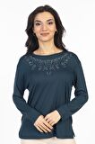 Yeni Model Taş İşlemeli Yuvarlak Yaka Likralı Anne Penye Bluz 6420