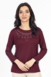 Yeni Model Taş İşlemeli Yuvarlak Yaka Likralı Anne Penye Bluz 6420