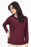 Yeni Model Taş İşlemeli Yuvarlak Yaka Likralı Anne Penye Bluz 6420