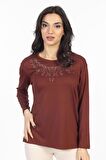 Yeni Model Taş İşlemeli Yuvarlak Yaka Likralı Anne Penye Bluz 6420
