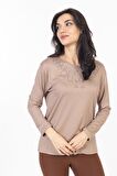 Yeni Model Taş İşlemeli Yuvarlak Yaka Likralı Anne Penye Bluz 6420