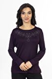 Yeni Model Taş İşlemeli Yuvarlak Yaka Likralı Anne Penye Bluz 6435