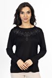 Yeni Model Taş İşlemeli Yuvarlak Yaka Likralı Anne Penye Bluz 6435