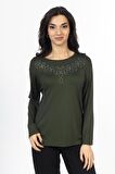 Yeni Model Taş İşlemeli Yuvarlak Yaka Likralı Anne Penye Bluz 6435