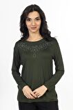 Yeni Model Taş İşlemeli Yuvarlak Yaka Likralı Anne Penye Bluz 6435