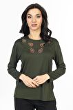 Yeni Model Nakış İşlemeli Yuvarlak Yaka Likralı Anne Penye Bluz 6440