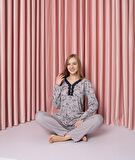 Kadın V Yaka Puantiye Desen Bambu İnterlok Anne Pijama Takımı P5046
