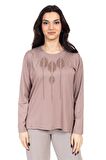 Yeni Sezon Kadın Orta Yaş ve Üzeri Viskoz Lazer Baskı İşlemeli Lüks Anne Penye Bluz 23351