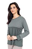 Yeni Sezon Kadın Orta Yaş ve Üzeri Viskoz Çizgili Yüksek Kalite Anne Penye Bluz 24352