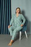 Yeni Model Düğmeli Büyük Beden Süet Kadın Pijama Takımı 13686-Mint Yeşili