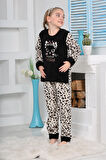 Yeni Sezon Sonbahar/Kış Kız Çocuk Leopar Desenli Polar Pijama Takımı 4103-Siyah