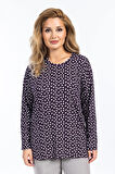 Kadın Yüksek Kalite Yuvarlak Yaka Çiçek Desenli Orta Yaş Anne Penye Bluz 6541