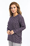 Kadın Yüksek Kalite Yuvarlak Yaka Çiçek Desenli Orta Yaş Anne Penye Bluz 6541