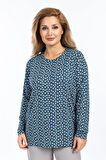 Kadın Yüksek Kalite Yuvarlak Yaka Çiçek Desenli Orta Yaş Anne Penye Bluz 6541