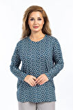 Kadın Yüksek Kalite Yuvarlak Yaka Çiçek Desenli Orta Yaş Anne Penye Bluz 6541