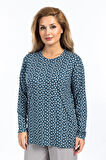 Kadın Yüksek Kalite Yuvarlak Yaka Çiçek Desenli Orta Yaş Anne Penye Bluz 6541