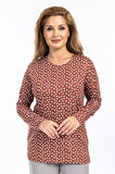 Kadın Yüksek Kalite Yuvarlak Yaka Çiçek Desenli Orta Yaş Anne Penye Bluz 6541