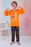 Yeni Sezon Erkek Çocuk Gez Garson Basketball Uzun Kollu Pamuk İnterlok Pijama Takımı 5154-Turuncu
