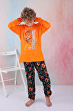 Yeni Sezon Erkek Çocuk Gez Garson Basketball Uzun Kollu Pamuk İnterlok Pijama Takımı 5154-Turuncu
