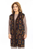 Kadın Klasik Etnik Desen Triko Örgü Kilim Anne Yelek 1052 Uzun