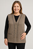 Kadın Orta Yaş ve Üzeri Sıkı Dokuma Taş İşlemeli İnce Anne Triko Yelek 1195