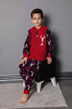 Erkek Çocuk Gez Garson Boy Geyik Desenli Pamuklu Kışlık Kalın Polar Pijama Takımı 2691-Kırmızı