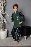 Erkek Çocuk Gez Garson Boy Geyik Desenli Pamuklu Kışlık Kalın Polar Pijama Takımı 2691-Yeşil