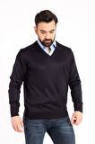Erkek İnce Yün Triko Örgü Regular Baba V Yaka Kazak 5130
