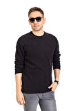 Erkek Klasik Regular Kalıp Pamuklu Selanik Yuvarlak Yaka Sweatshirt 1111-Siyah