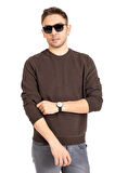 Erkek Klasik Regular Kalıp Pamuklu Selanik Yuvarlak Yaka Sweatshirt 1111-Kahve Rengi