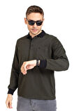 Erkek Orta Yaş ve Üzeri Polo Yaka Cepli Uzun Kollu Fitilli Mevsimlik Sweatshirt 1219-Haki Yeşili